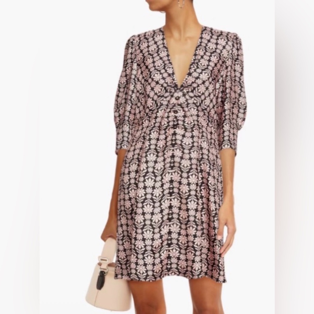 Sandro Floral V-Neck Midi Dress in Black and Light Pink